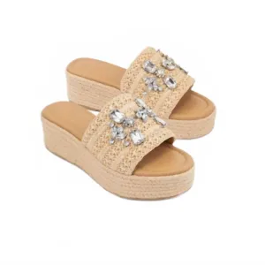 Women's Rhinestone Raffia Platform Sandals In Beige Ilse Jacobsen Sandals