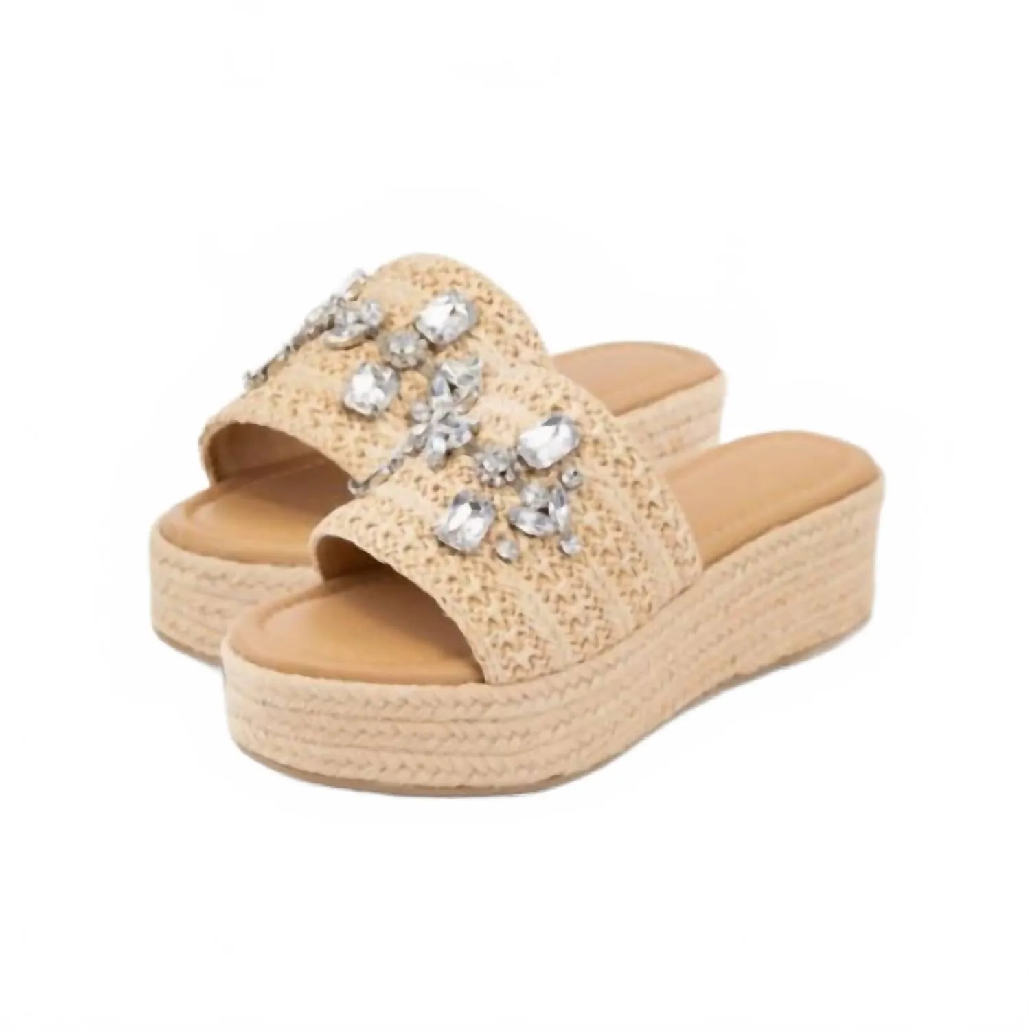 Women's Rhinestone Raffia Platform Sandals In Beige Comfy Slide Sandals