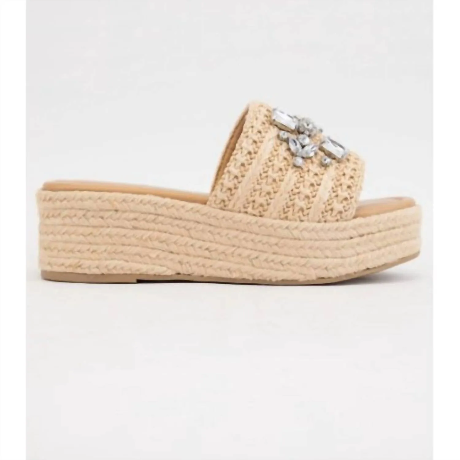 Women's Rhinestone Raffia Platform Sandals In Beige Sandals Ochi Beach Resort