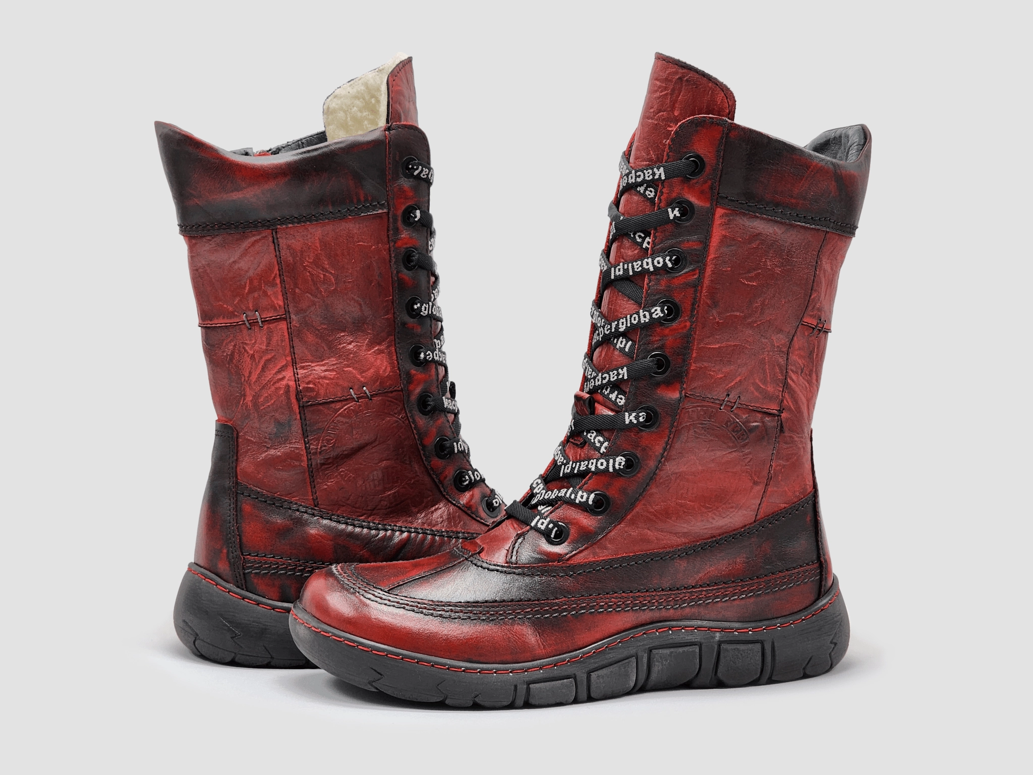 Womens Original Tall Thick Wool-Lined Zip-Up Leather Boots - Red/Black Biker Boots Motorcycle