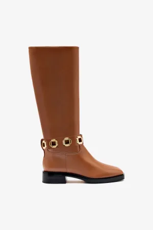 Milan Flat Boot In Caramel Leather Leather Long Boots
