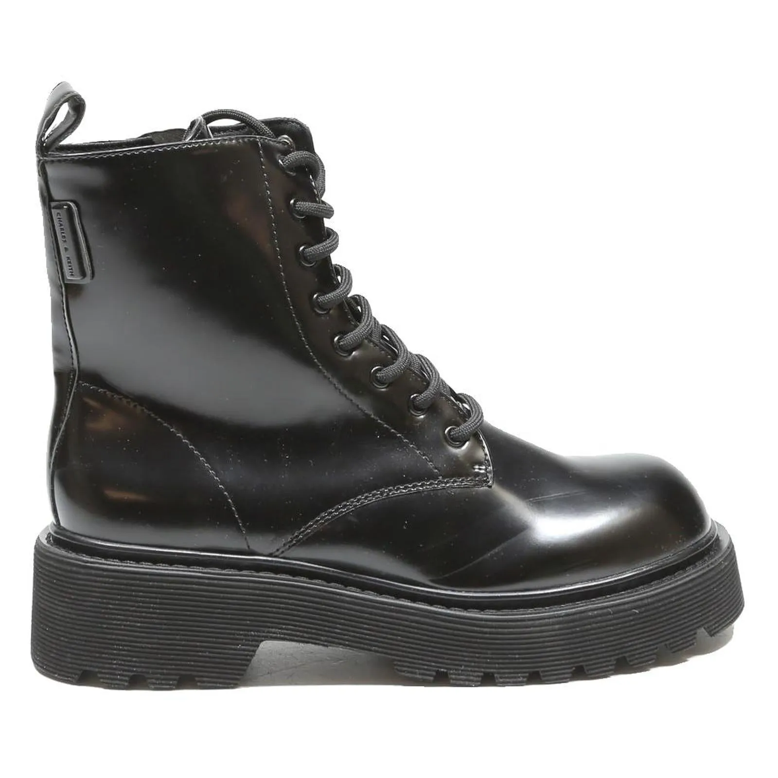 CHARLES & KEITH Womens Lace-Up Ankle Boots Black Leather UK 3 Chunky Platform Hiax Boots