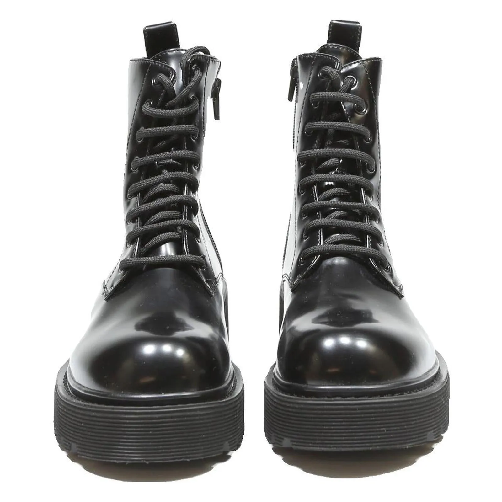 CHARLES & KEITH Womens Lace-Up Ankle Boots Black Leather UK 3 Chunky Platform Rockey Boots