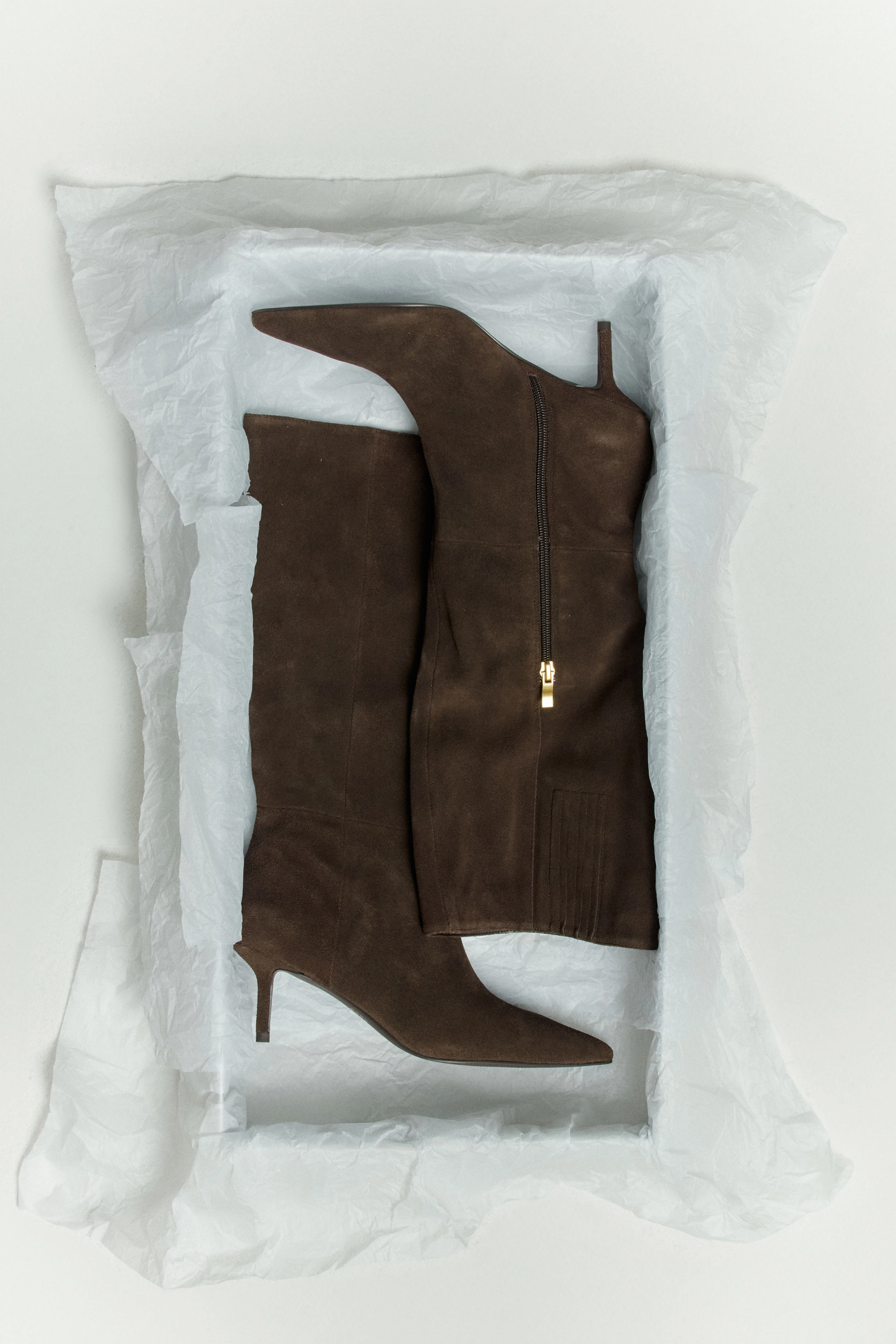 Yonita Long Boots - Chocolate Brown Suede Black Dress Boots Low Heel